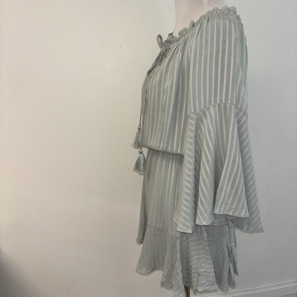 Blue B Romper Green Boho Cottage‎ core Sz M Stretch Flowy NWT Tassels Stripped50 - Picture 14 of 15